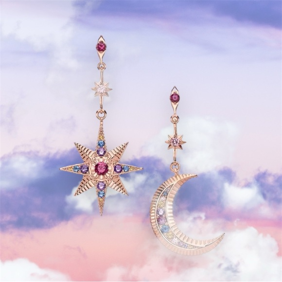 NWOT crescent moon and star dangle earrings, Sterling silver 18k rose gold plt - Picture 14 of 17